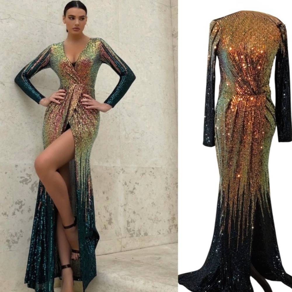 Fashion Nova Gold and Green Sequin Dress